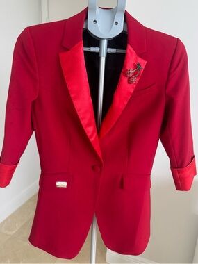 Philipp Plein Couture Red Ladies Blazer with Satin Lapels unique brooch, S